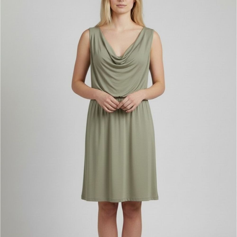 Nicole Bridger Vancouver Sage Green Jersey Dress with Surplus Plunge Neckline